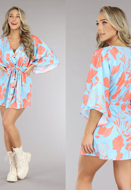 SALE30 Lichtblauwe Satin Bloemen Jurk