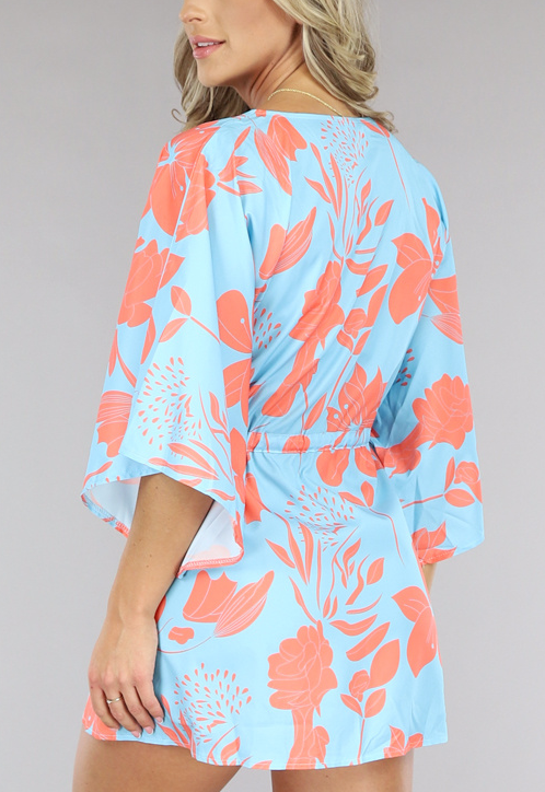 SALE30 Lichtblauwe Satin Bloemen Jurk