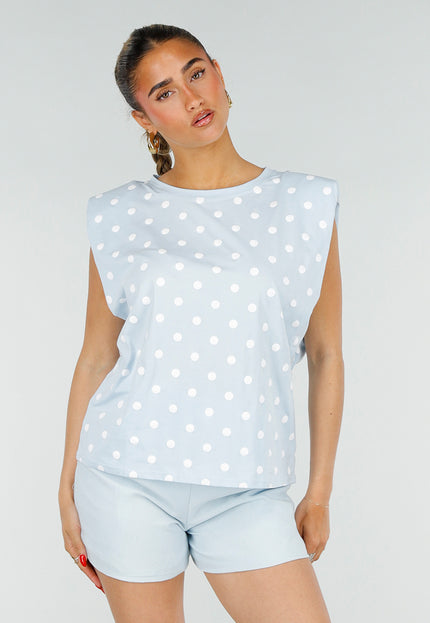 SALE30 Lichtblauwe Top met Witte Stippen