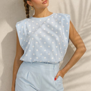 SALE30 Lichtblauwe Top met Witte Stippen