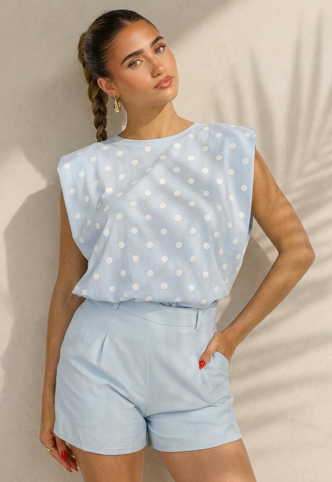 SALE30 Lichtblauwe Top met Witte Stippen