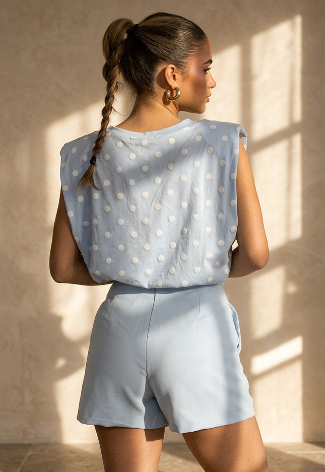 SALE30 Lichtblauwe Top met Witte Stippen