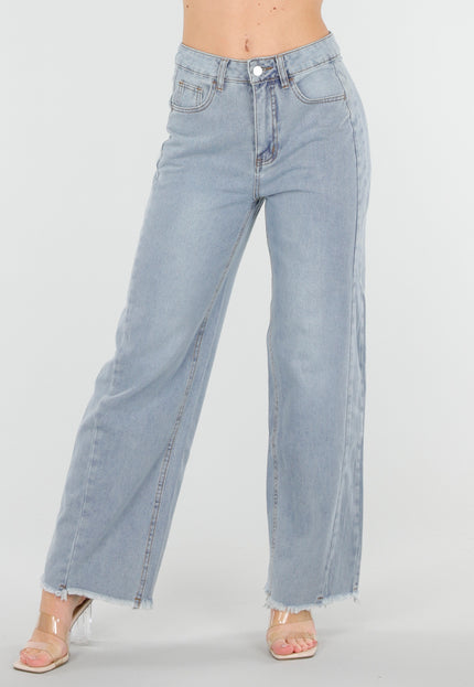 SALE30 Lichtblauwe Wide Leg Jeans met Rafelige Zoom