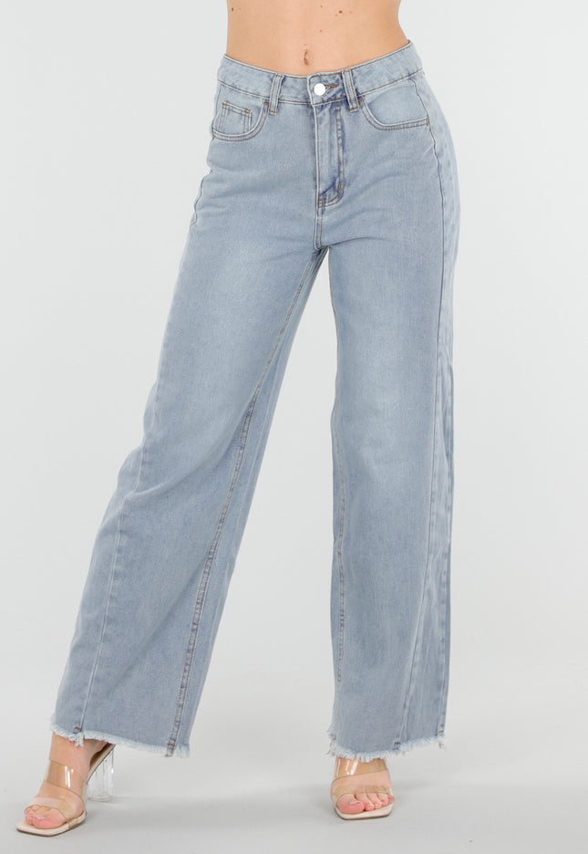 SALE30 Lichtblauwe Wide Leg Jeans met Rafelige Zoom