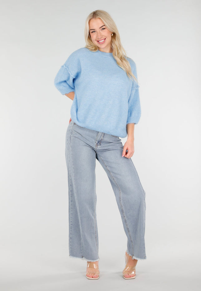 SALE30 Lichtblauwe Wide Leg Jeans met Rafelige Zoom