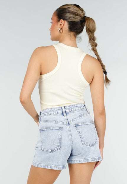 SALE30 Lichtgele Rib Tanktop met Blauwe Tekst