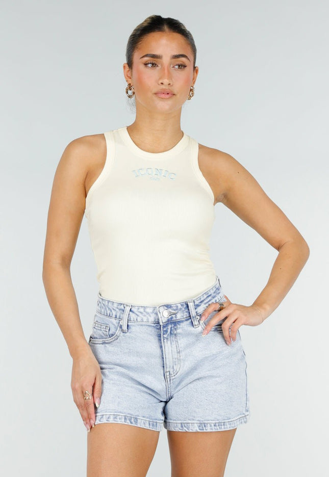 SALE30 Lichtgele Rib Tanktop met Blauwe Tekst