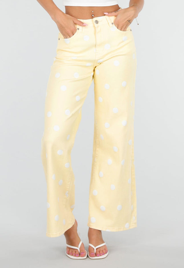 SALE30 Lichtgele Wide Leg Jeans met Polkadot