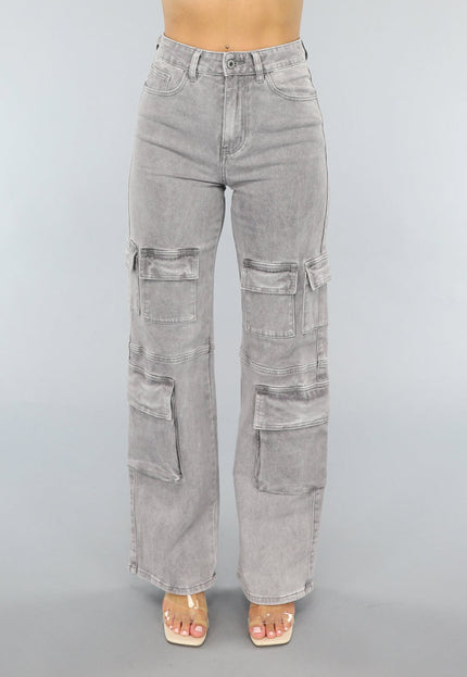 SALE30 Lichtgrijze Jeans met Hoge Taille en Cargo Zakken