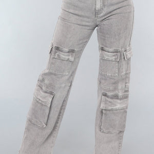 SALE30 Lichtgrijze Jeans met Hoge Taille en Cargo Zakken