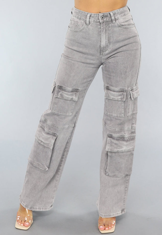 SALE30 Lichtgrijze Jeans met Hoge Taille en Cargo Zakken