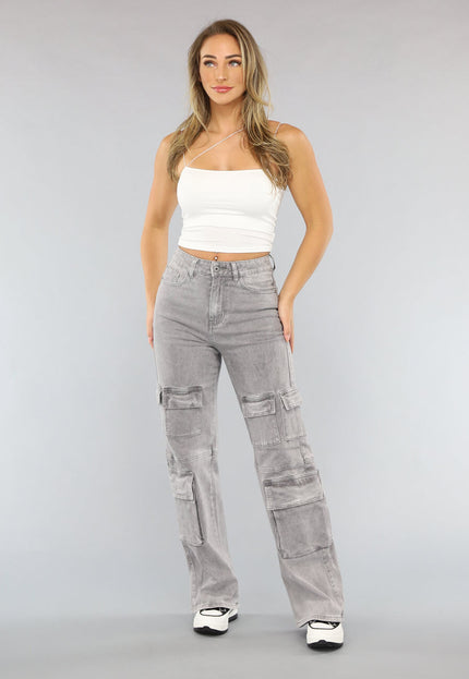 SALE30 Lichtgrijze Jeans met Hoge Taille en Cargo Zakken