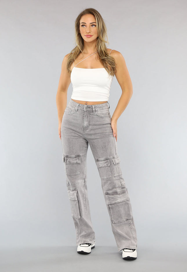 SALE30 Lichtgrijze Jeans met Hoge Taille en Cargo Zakken