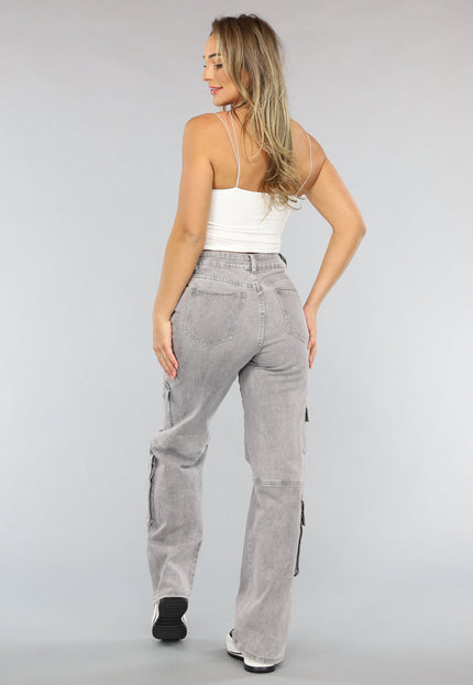 SALE30 Lichtgrijze Jeans met Hoge Taille en Cargo Zakken