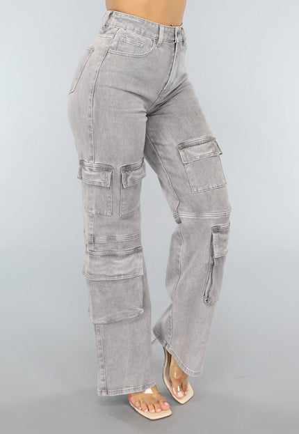 SALE30 Lichtgrijze Jeans met Hoge Taille en Cargo Zakken