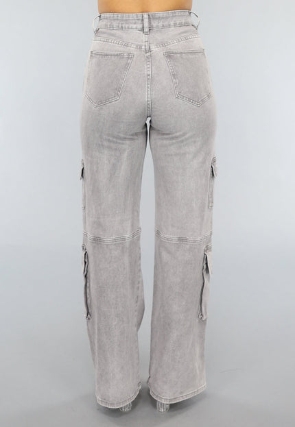 SALE30 Lichtgrijze Jeans met Hoge Taille en Cargo Zakken