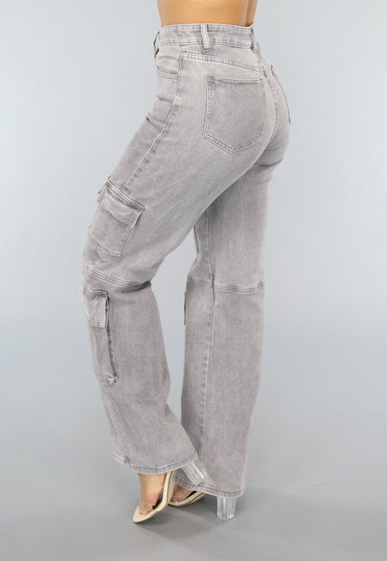 SALE30 Lichtgrijze Jeans met Hoge Taille en Cargo Zakken