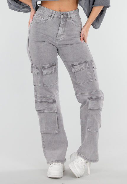 SALE30 Lichtgrijze Jeans met Hoge Taille en Cargo Zakken