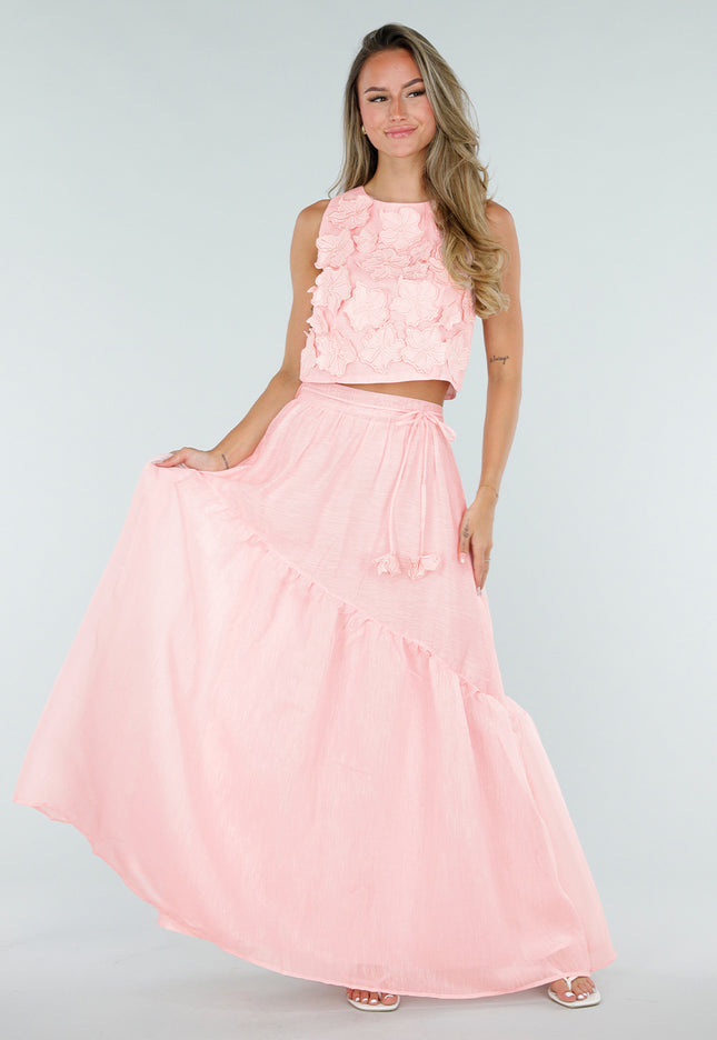 SALE30 Lichtroze Maxi Rok met Strikceintuur