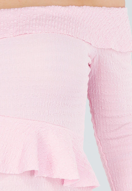 SALE30 Lichtroze Off-Shoulder Jurk Met Volants