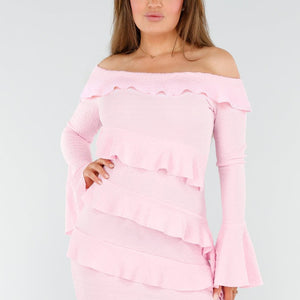 SALE30 Lichtroze Off-Shoulder Jurk Met Volants