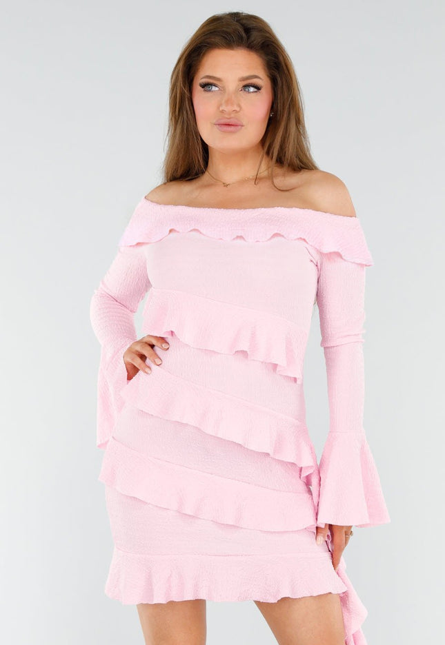 SALE30 Lichtroze Off-Shoulder Jurk Met Volants