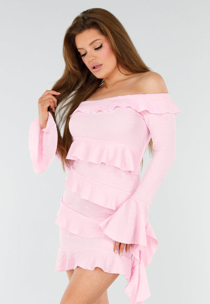SALE30 Lichtroze Off-Shoulder Jurk Met Volants