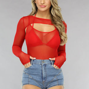 SALE30 Longsleeve Mesh Bodysuit Set in Rood