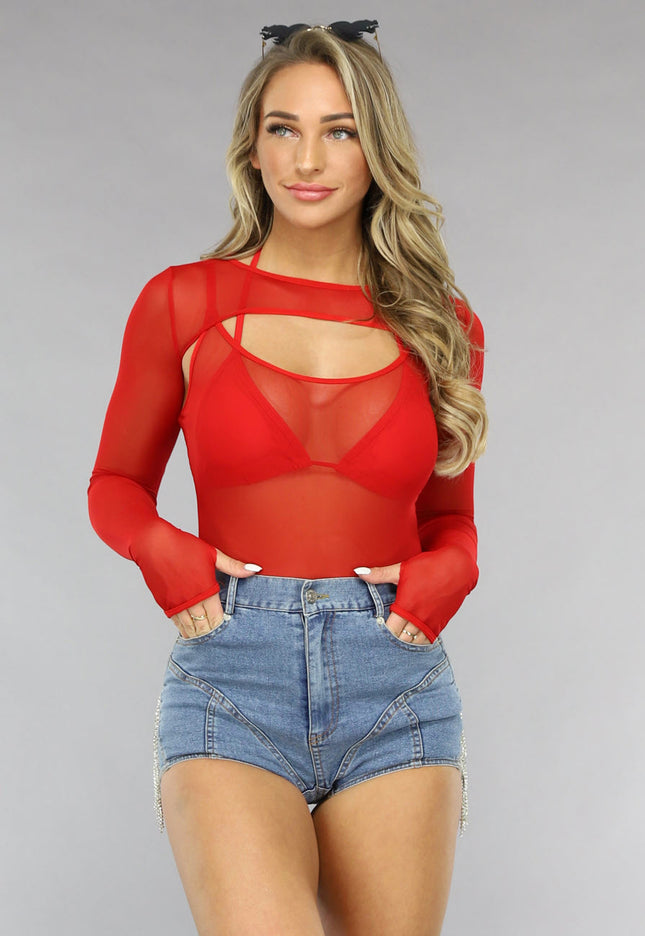 SALE30 Longsleeve Mesh Bodysuit Set in Rood