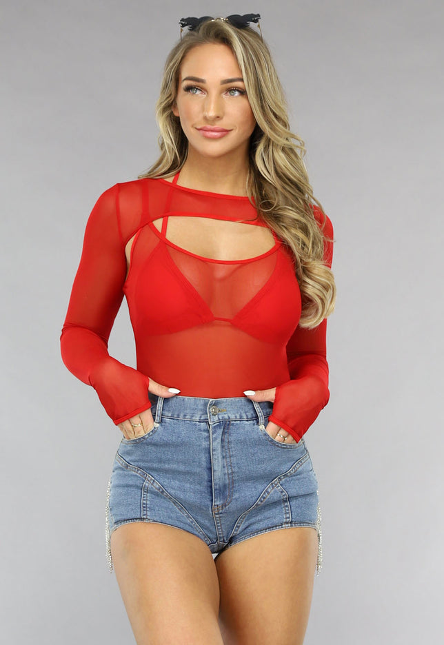 SALE30 Longsleeve Mesh Bodysuit Set in Rood