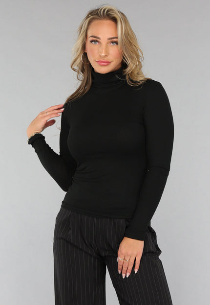 SALE30 Longsleeve Ribstof Top met Col in Zwart