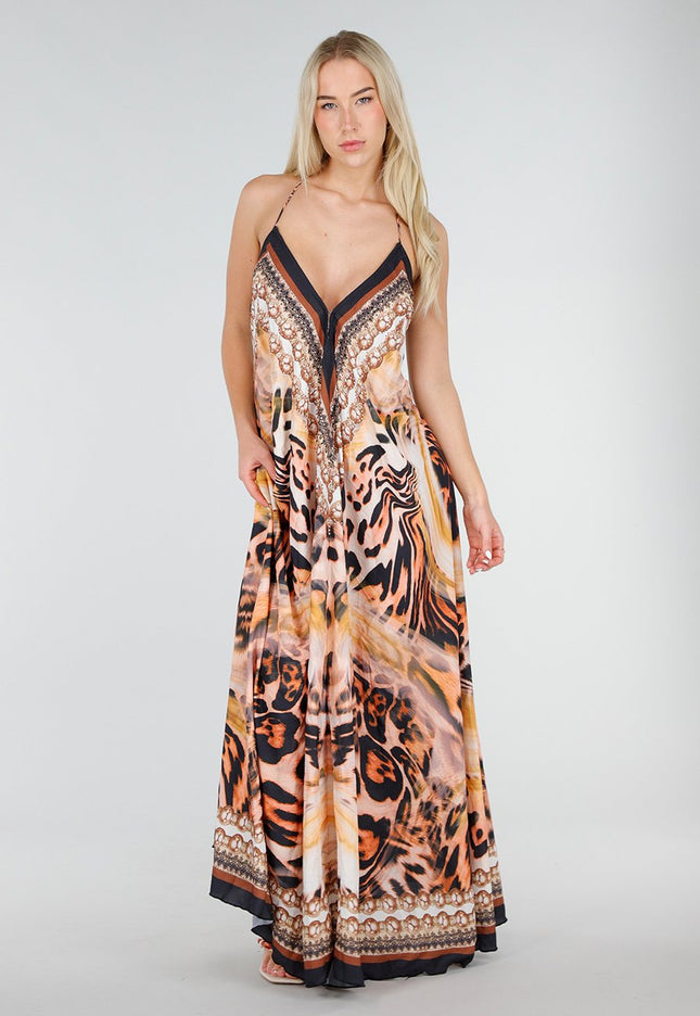 SALE30 Maxi Jurk met Print en Strass Details