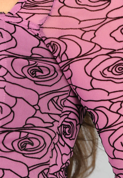 SALE30 Mesh Roze Korset Top met Velvet Bloemen