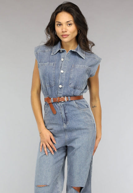 SALE30 Mouwloze Denim Jumpsuit met Riem