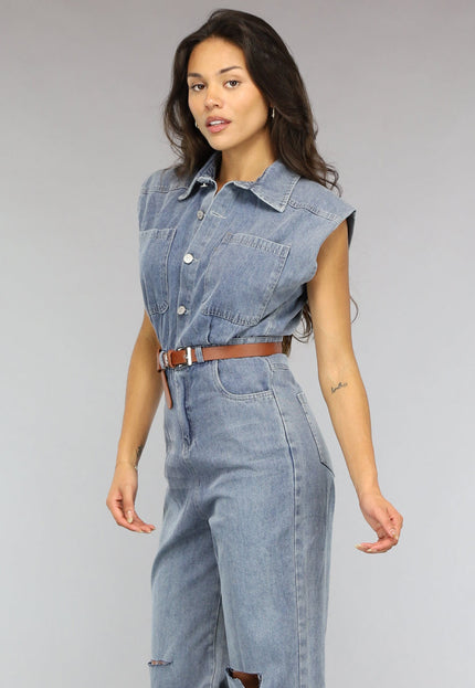 SALE30 Mouwloze Denim Jumpsuit met Riem