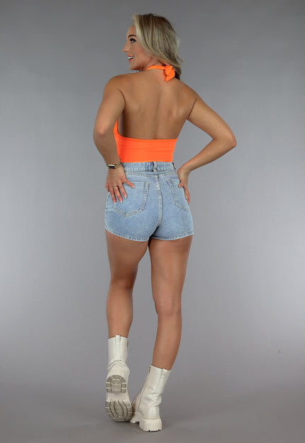 SALE30 Neon Oranje Knoop Top met Mesh