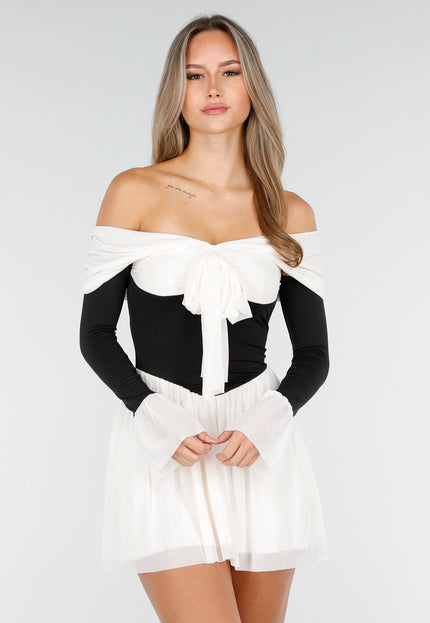 SALE30 Off Shoulder Mini Jurk in Zwart Beige