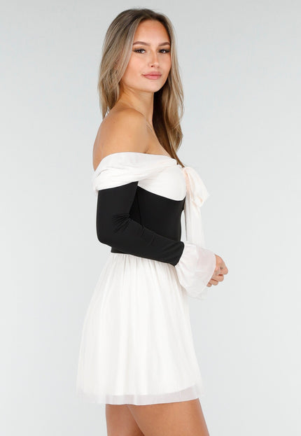 SALE30 Off Shoulder Mini Jurk in Zwart Beige