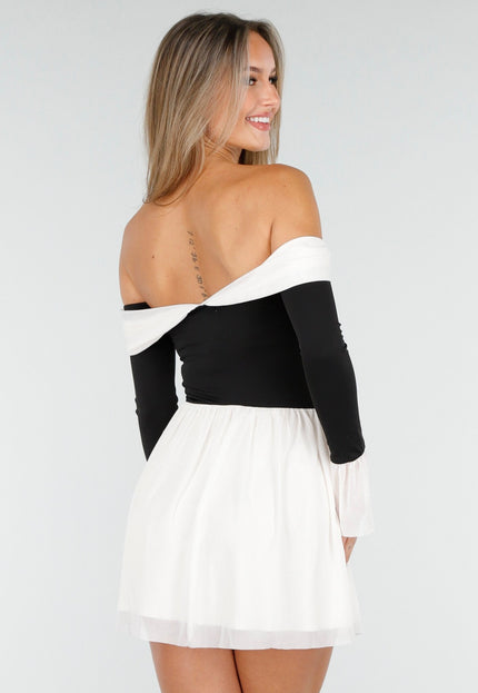 SALE30 Off Shoulder Mini Jurk in Zwart Beige