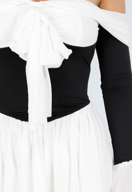 SALE30 Off Shoulder Mini Jurk in Zwart Beige