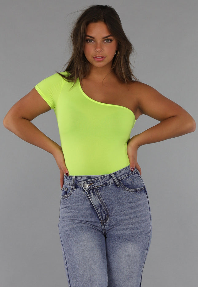 SALE30 One Shoulder Neon Gele Bodysuit