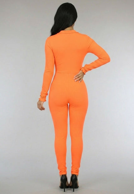 SALE30 Oranje Stretch Rib Jumpsuit met Rits