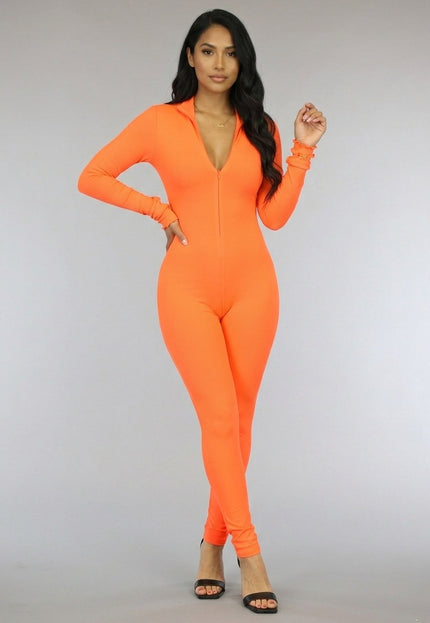 SALE30 Oranje Stretch Rib Jumpsuit met Rits