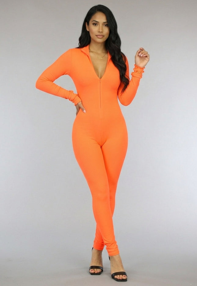 SALE30 Oranje Stretch Rib Jumpsuit met Rits