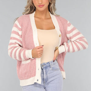 SALE30 Oudroze Vest met Gestreepte Mouwen