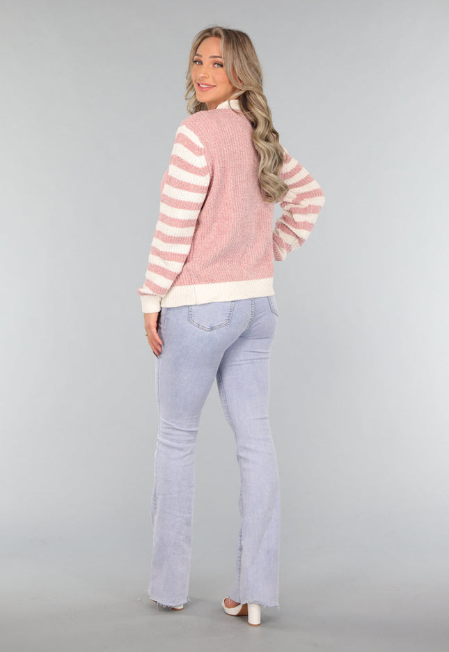 SALE30 Oudroze Vest met Gestreepte Mouwen