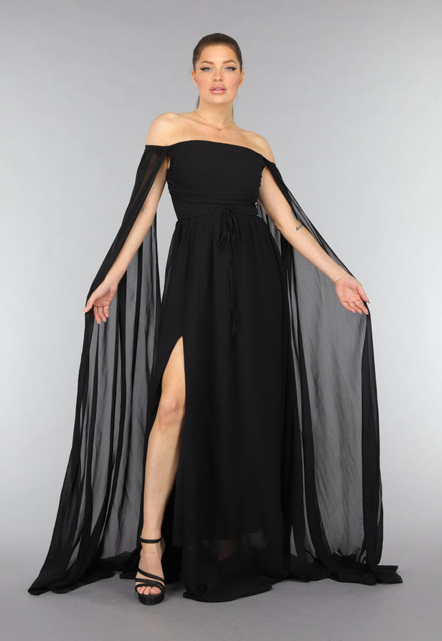 SALE30 Padded Zwarte Galajurk met Lange Chiffon Mouwen