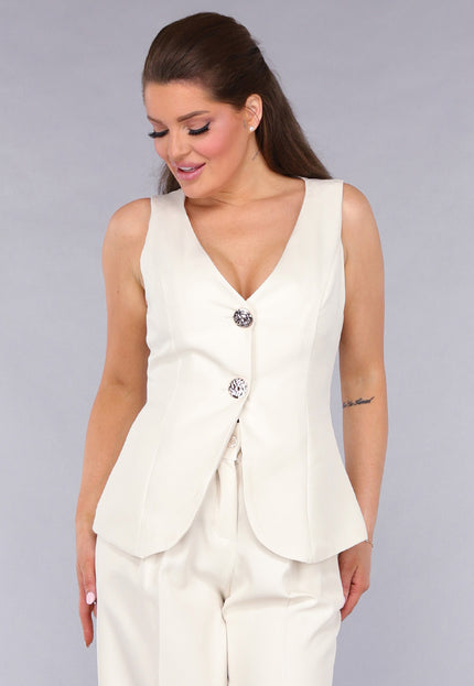 SALE30 Pantalon Gilet Suit met Statement Knopen in Beige