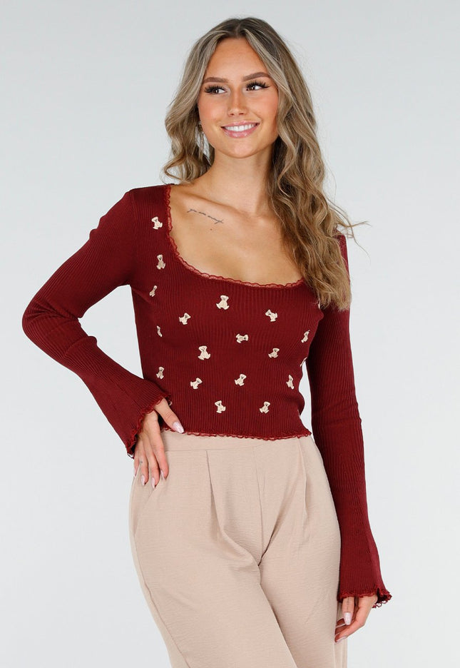 SALE30 Rib Top met Teddybeertjes Rood