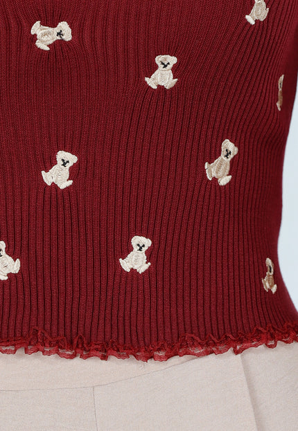 SALE30 Rib Top met Teddybeertjes Rood